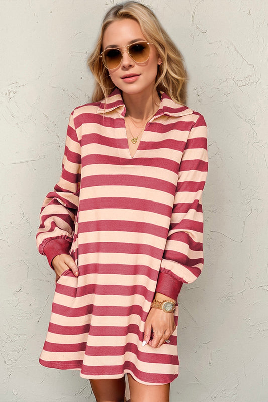 Double Take Full Size Striped Contrast Collared Neck Long Sleeve Dress