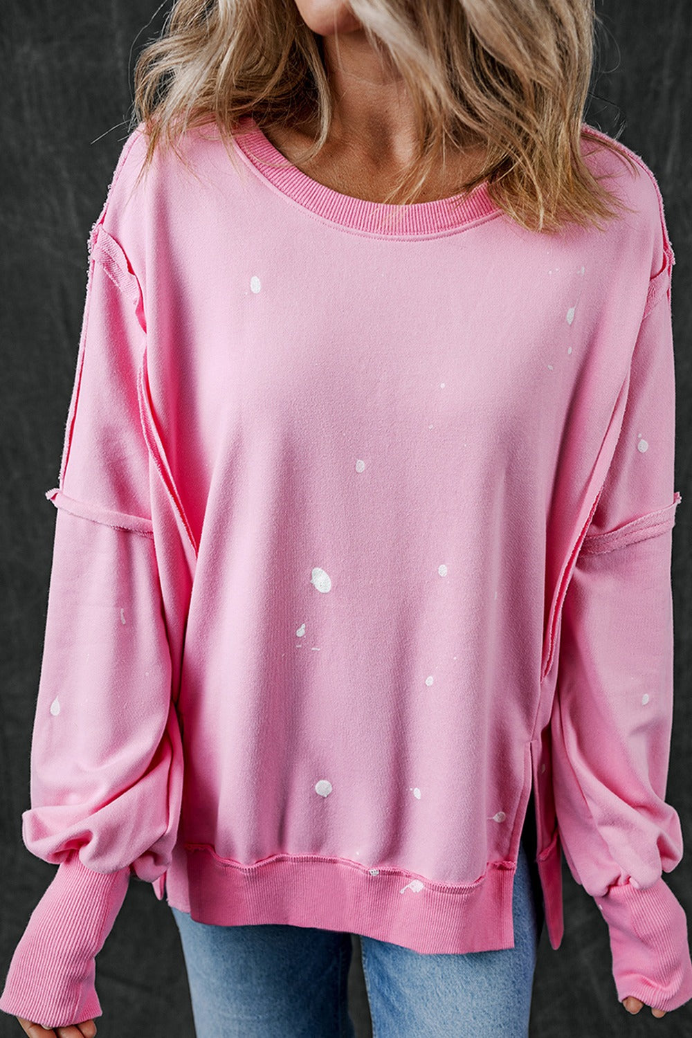 Exposed Seam Round Neck Long Sleeve Sweatshirt