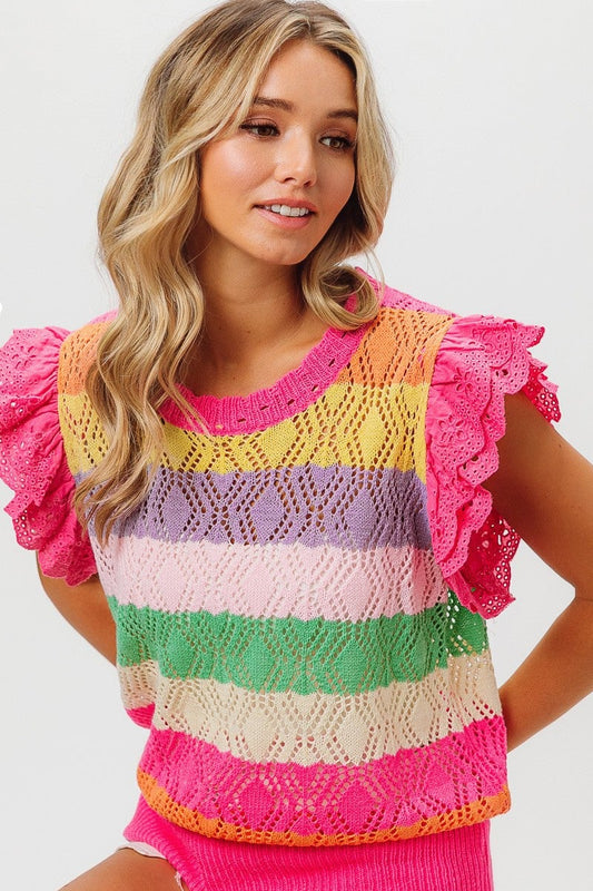 Pointelle Multi Color Striped Knit Top