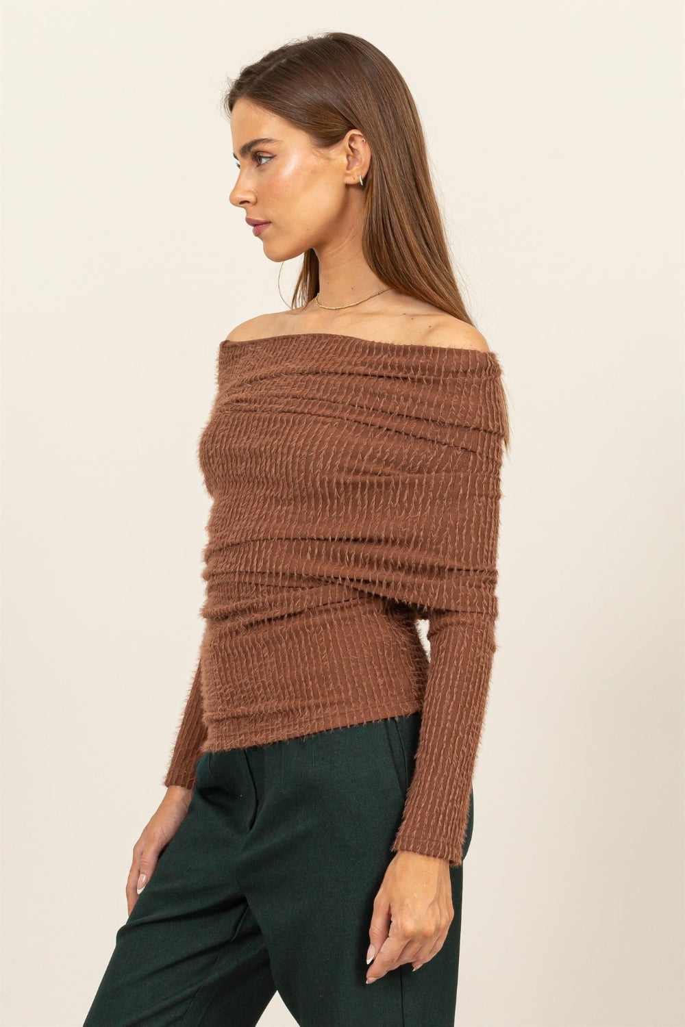 HYFVE Fuzzy Off Shoulder Textured Knit Top