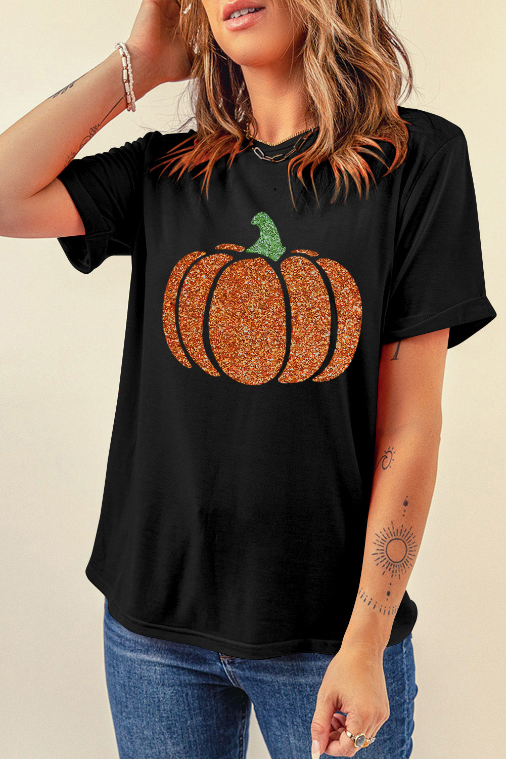 Pumpkin Round Neck Short Sleeve T-Shirt