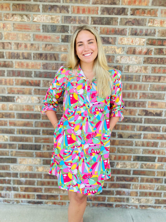 Abstract Print Buttoned Dress