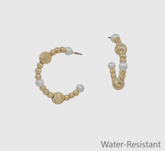 Water Resistant Gold Textured Beaded and Pearl 1" Hoop Earring