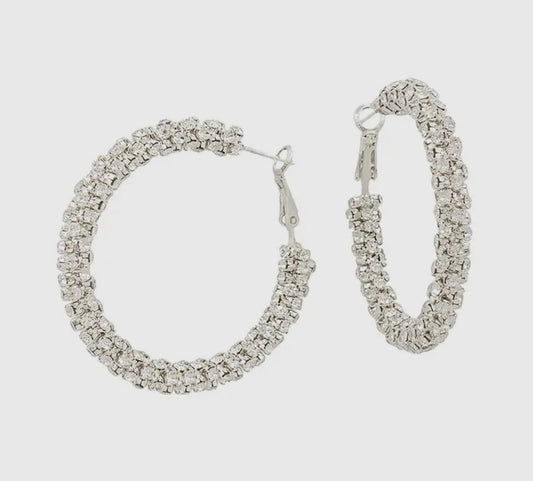 Crystal studded silver hoop 1.8in