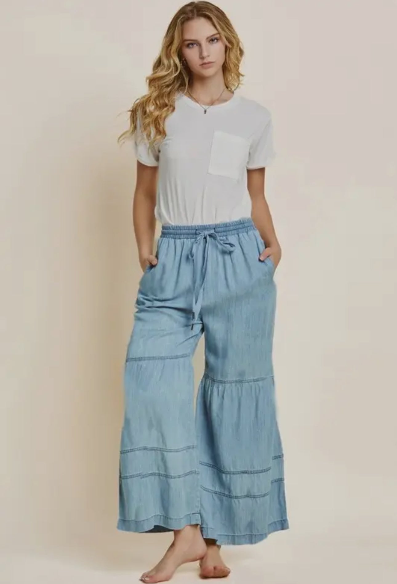 Washed Denim Tiered Pants