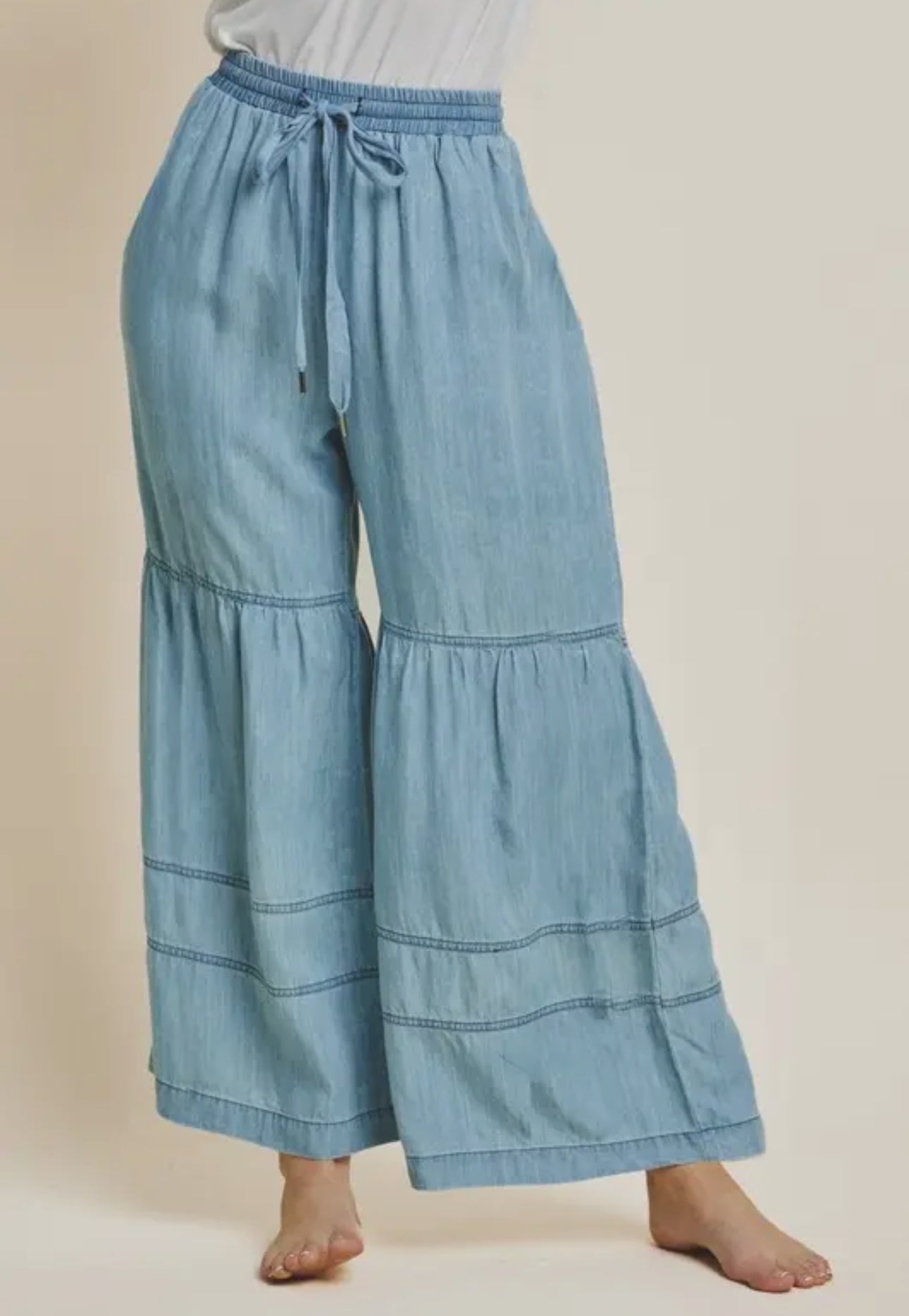 Washed Denim Tiered Pants