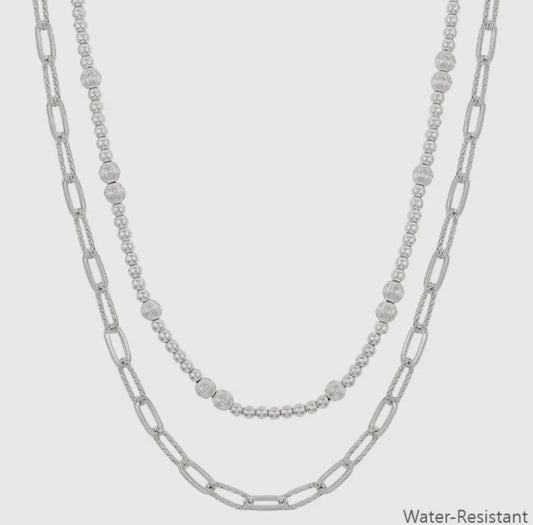 Water Resistant Double Layered Silver Beaded and Chain 16"-18" Necklace