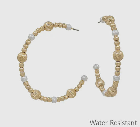 Water Resistant Gold Textured Beaded and Pearl 2" Hoop Earring