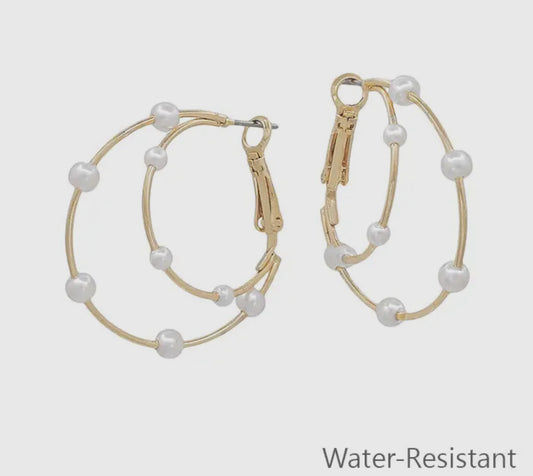 Water Resistant Two Layered Gold Hoop with Pearl Accents 1.25" Hoop