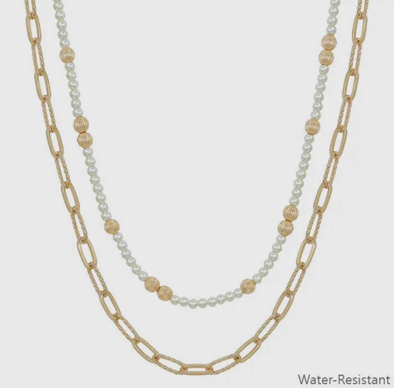 Water Resistant Double Layered Pearl Beaded and Chain 16"-18" Necklace