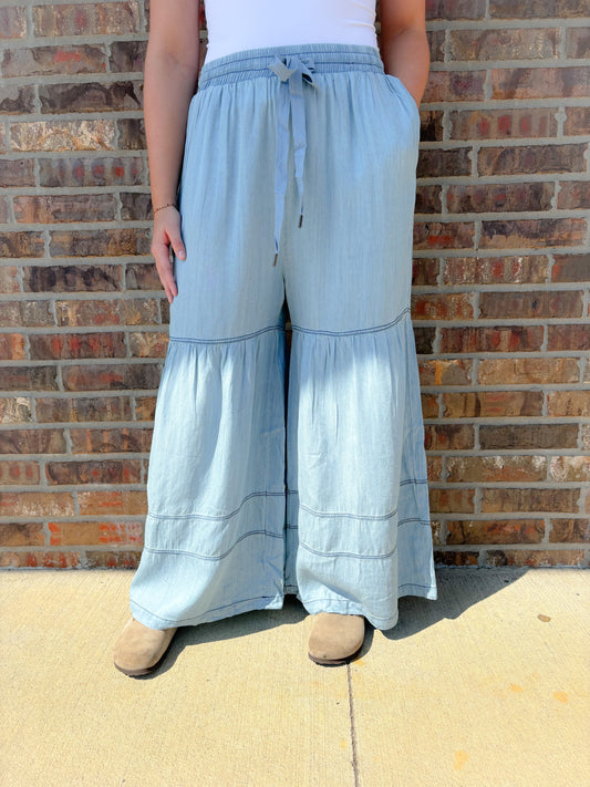 Washed Denim Tiered Pants