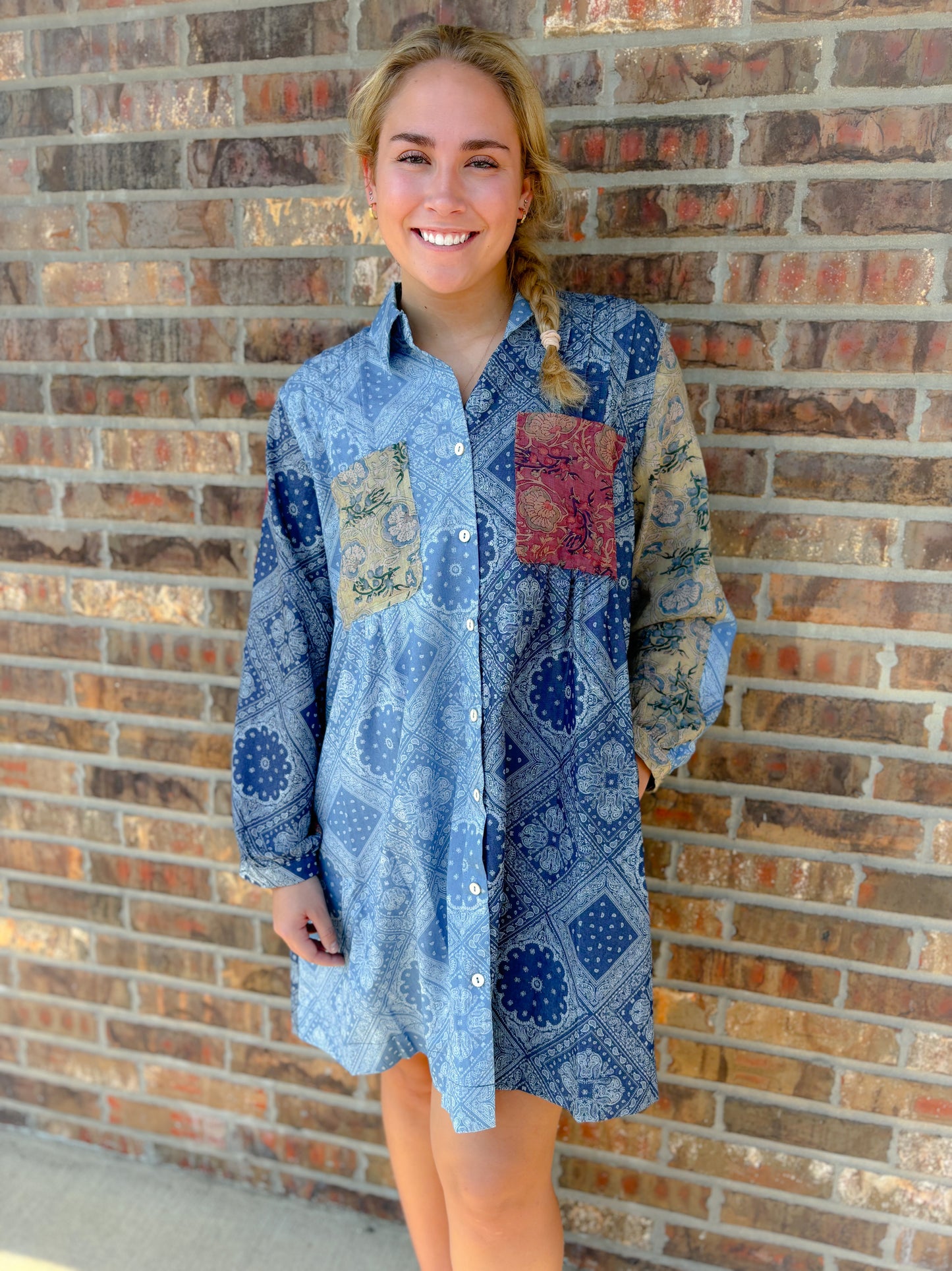 Patchwork Raw Edge Shirt Dress