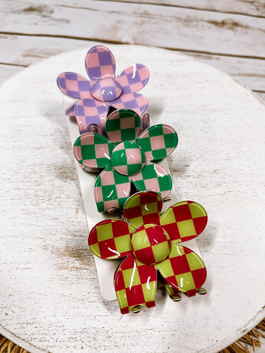Checkered Flower Claw Clips