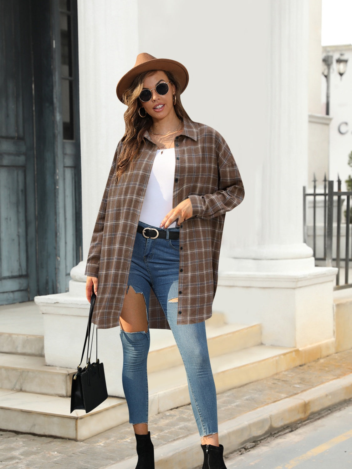 Full Size Plaid Button Up Dropped Shoulder Shirt