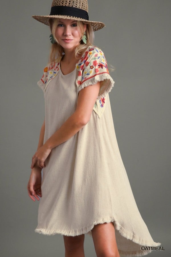 Linen Short Sleeve Embroidery Dress