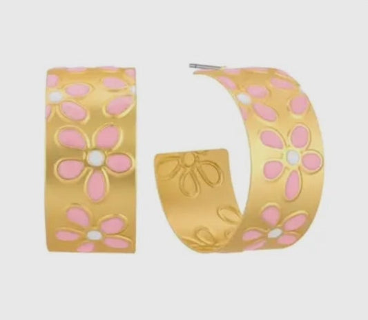 Gold Hoop with Pink Flowers Earring