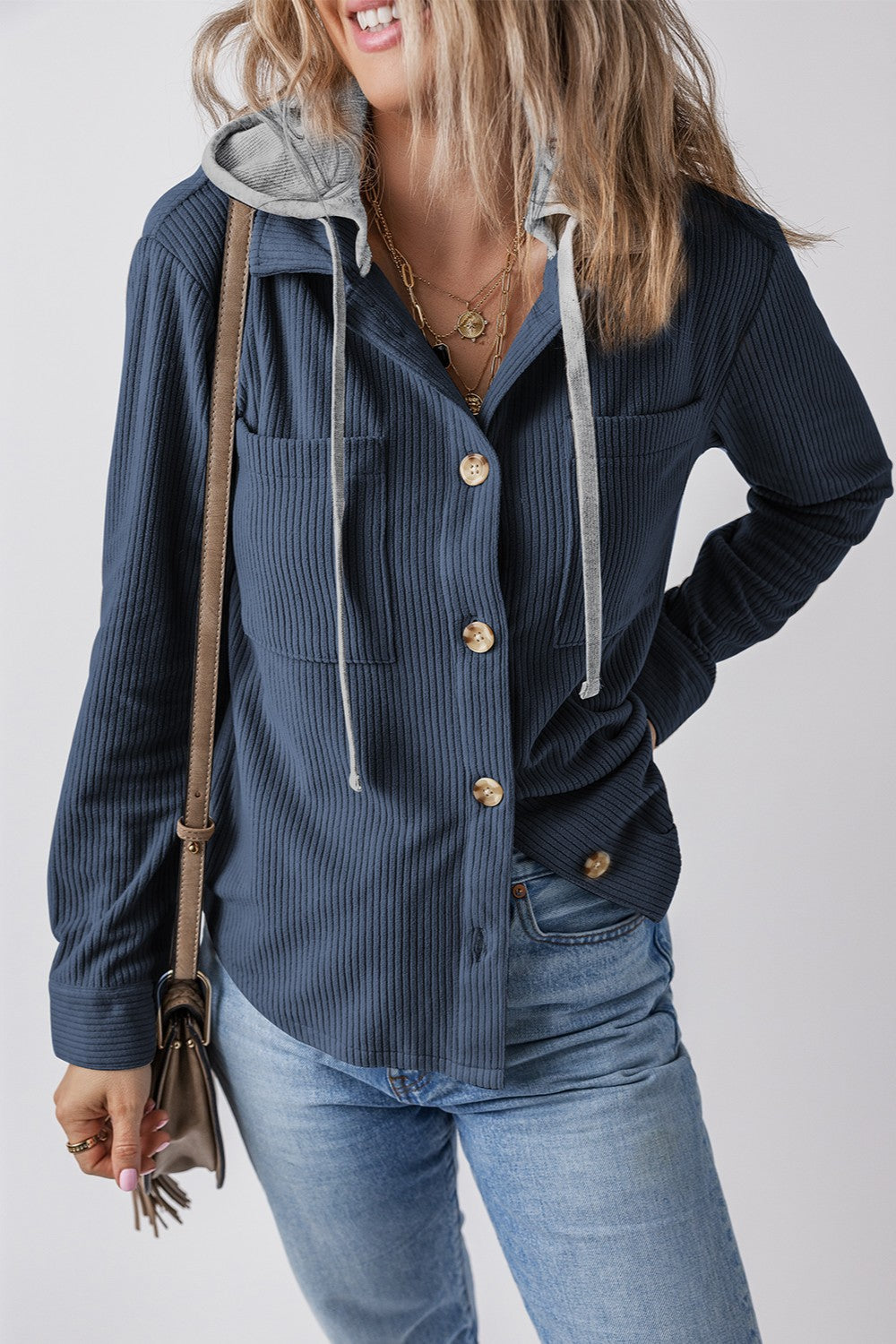 Drawstring Button Up Long Sleeve Hooded Jacket