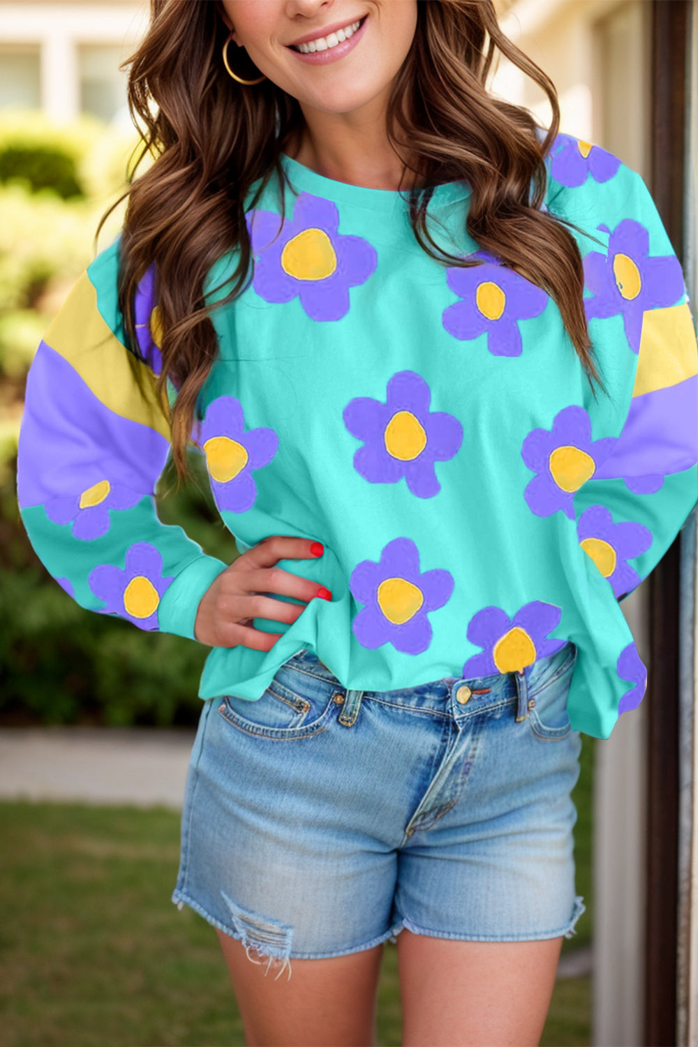 Contrast Flower Round Neck Long Sleeve Blouse